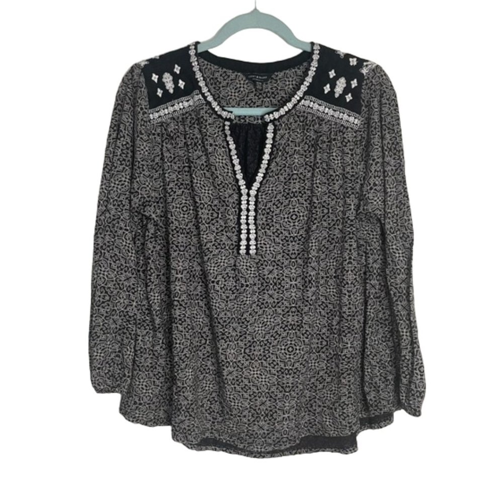 Lucky Brand Patterned Embroidered Boho Black White Peasant Top 1X/1G